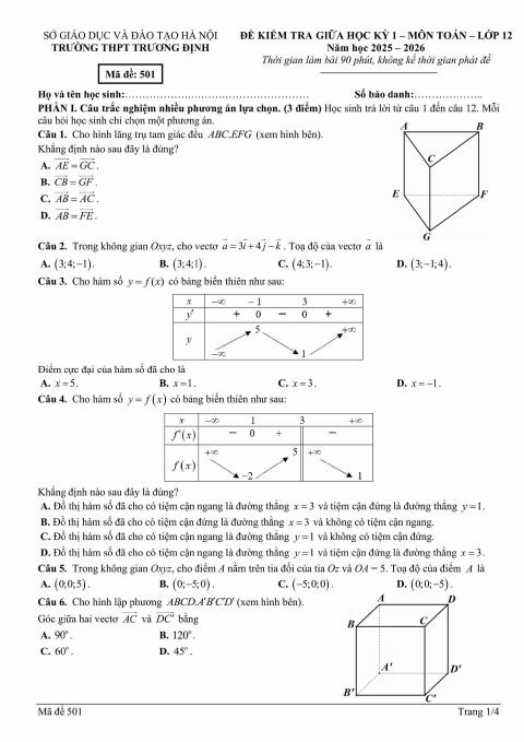 Đề thi Giữa kì 1 Toán 12 năm 2025-2026 trường THPT Trương Định (Hà Nội)